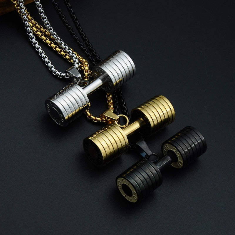 HIP Men Gold Color Titanium rust proof
Steel GO FIT dumb-bell
Gym exercise Barbell Pendant Necklaces For Men workout Jewelry