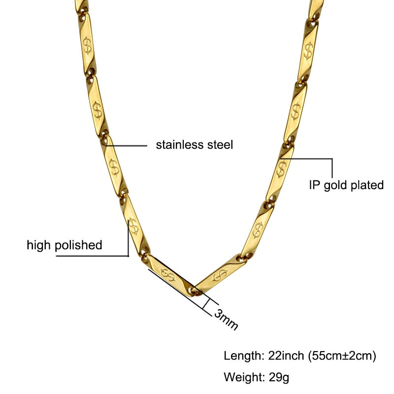 High Polished Gold Color Titanium stain resistant Steel US Dollar Pattern Stick Aberdeen metal metal chain
Necklaces for Men Jewelry
