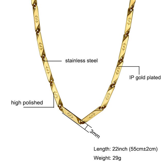High Polished Gold Color Titanium stain resistant Steel US Dollar Pattern Stick Aberdeen metal metal chain
Necklaces for Men Jewelry