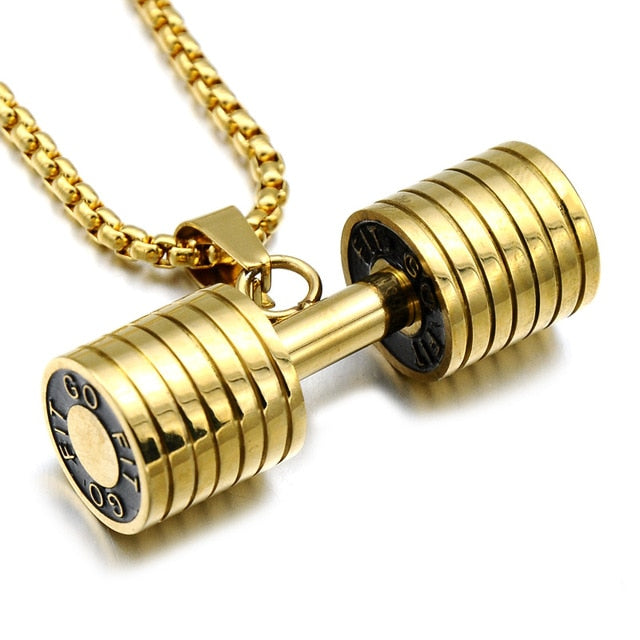 HIP Men Gold Color Titanium rust proof
 Steel GO FIT dumb-bell
 Gym exercise Barbell Pendant Necklaces For Men workout Jewelry