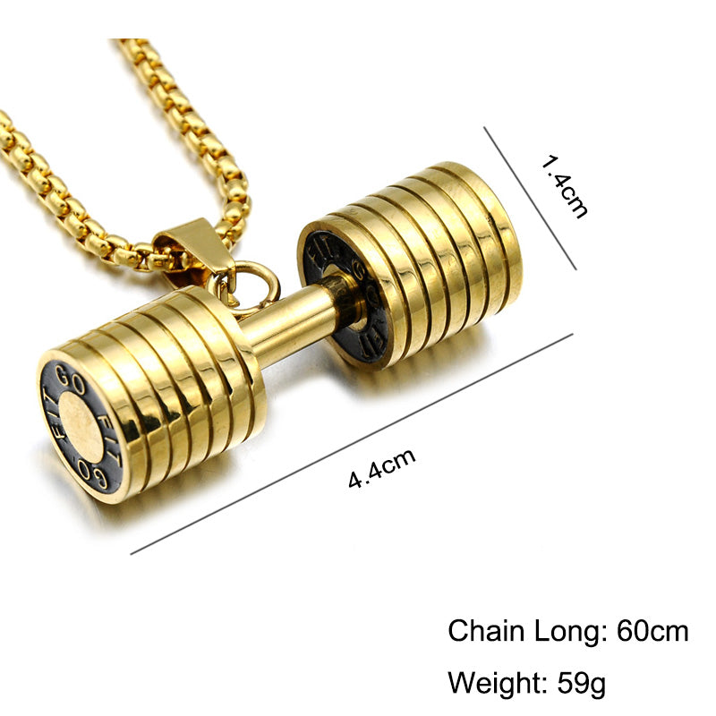 HIP Men Gold Color Titanium rust proof
 Steel GO FIT dumb-bell
 Gym exercise Barbell Pendant Necklaces For Men workout Jewelry