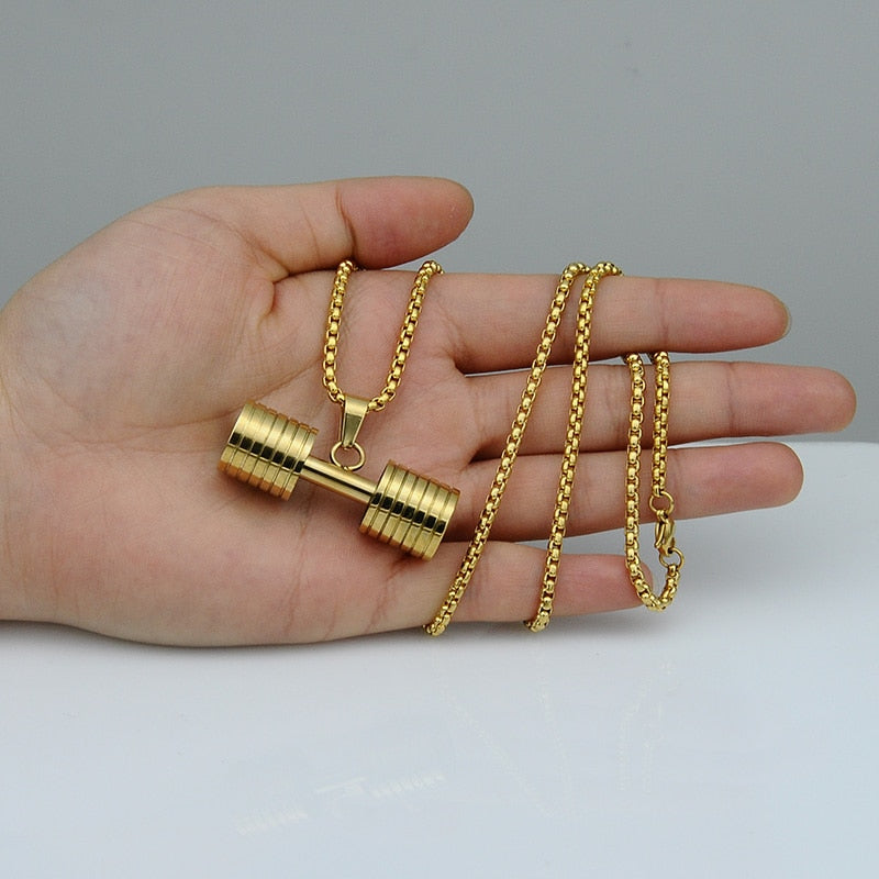 HIP Men Gold Color Titanium rust proof
 Steel GO FIT dumb-bell
 Gym exercise Barbell Pendant Necklaces For Men workout Jewelry