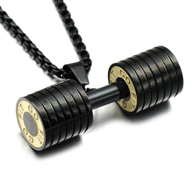 HIP Men Gold Color Titanium rust proof
 Steel GO FIT dumb-bell
 Gym exercise Barbell Pendant Necklaces For Men workout Jewelry